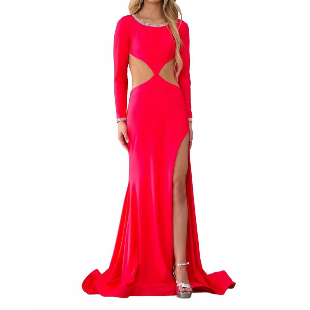 NEW AVA PRESLEY sleek gown with cutouts and high slit in watermelon